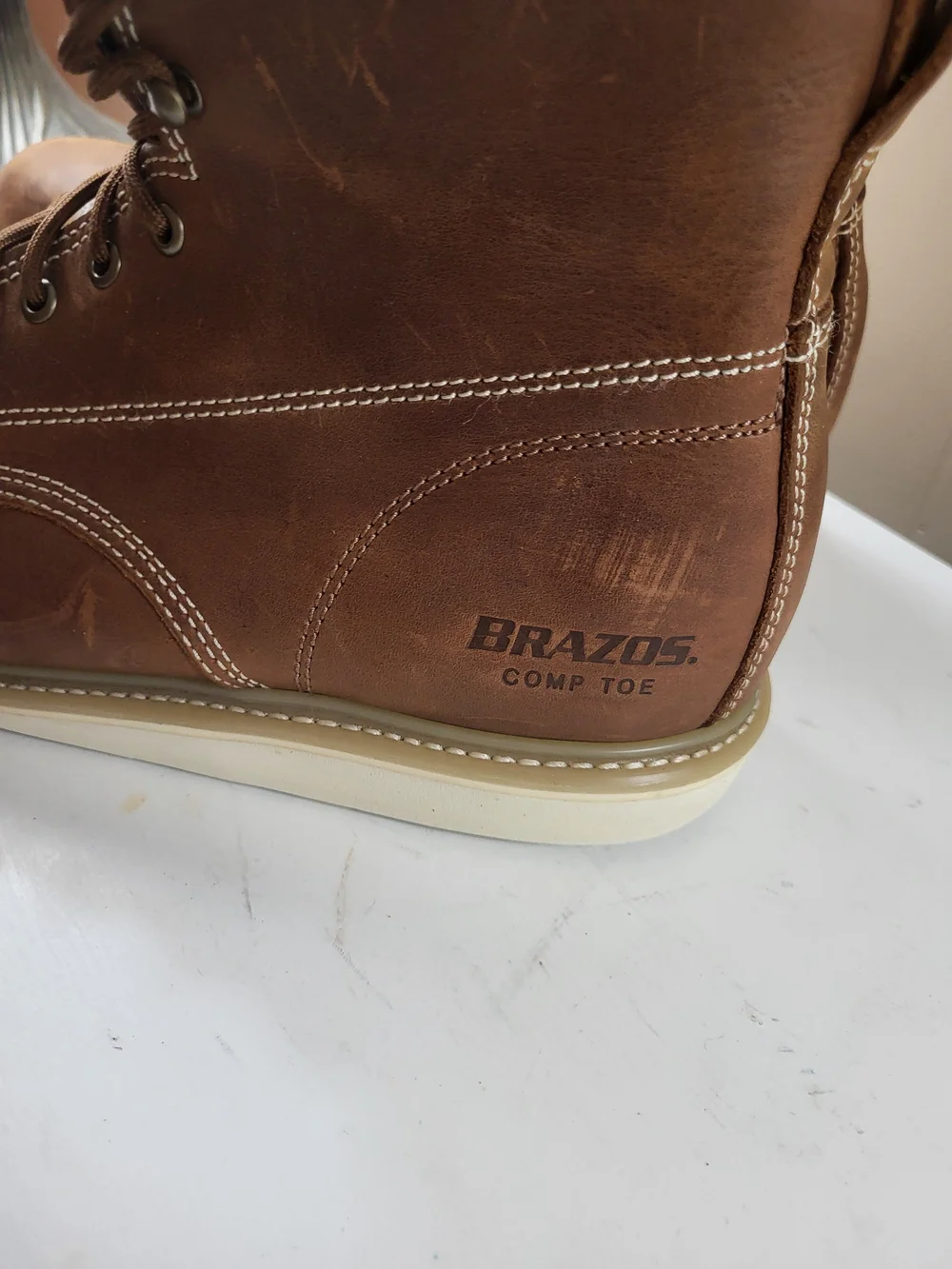Brazos Men's Tan Leather Work Boots - Lace-Up Construction, Size 12